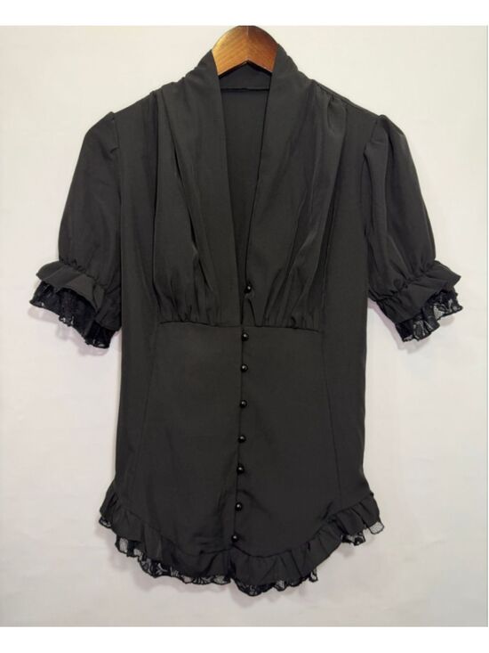Source Unknown Tops - Women's Black Lace Trim Button-Down Bustle Corset-back Blouse Size L Unbranded